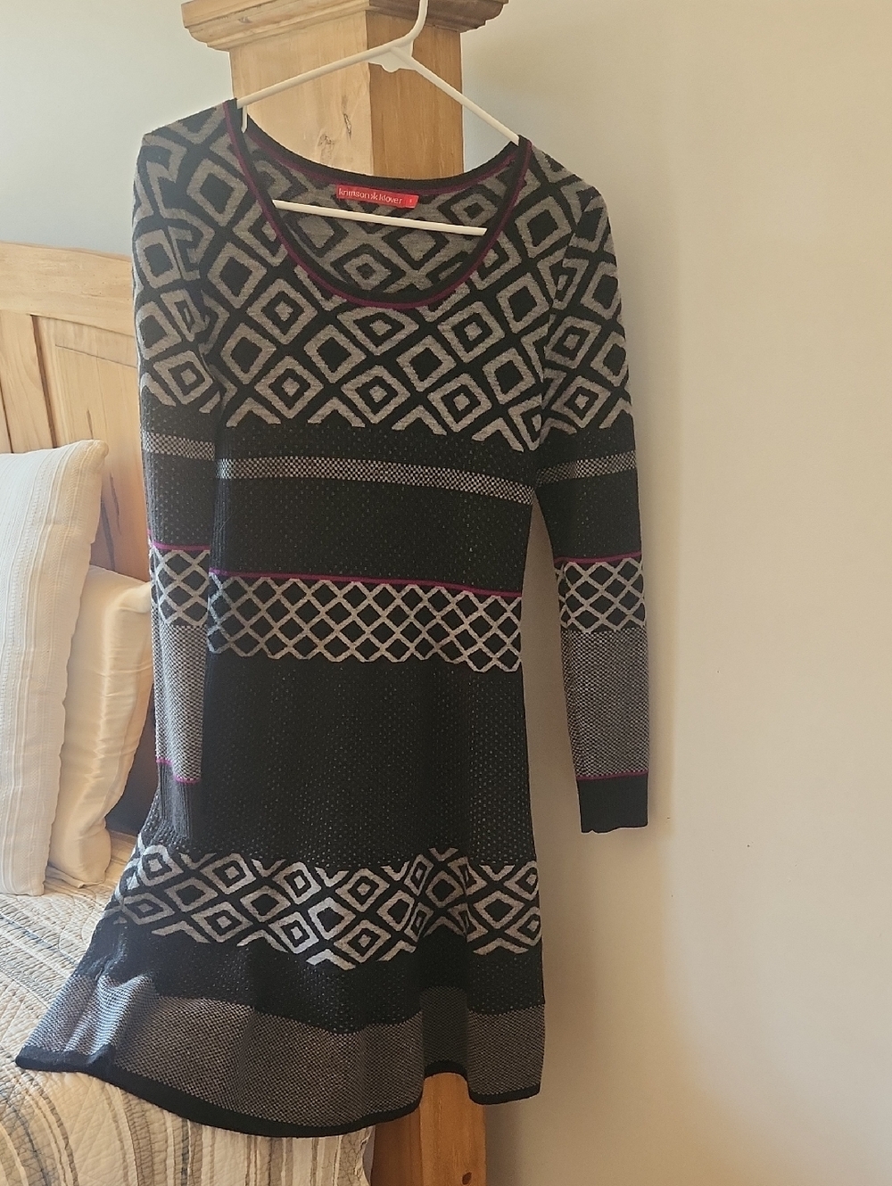 Krimson Klover Black and Gray Long Sleeve Patterned Knit Dress with Pink Trim